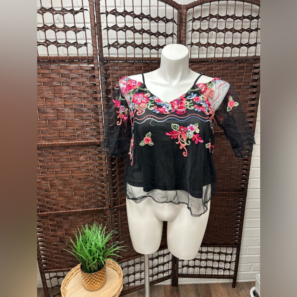Love J Black Embroidered Floral Sheer Lace/Mesh spaghetti Strap Shoulder Top